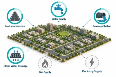 Infographic showing road, water, sewerage and drainage services partly built in Taiser Town, while gas and electricity icons appear faded as unavailable.