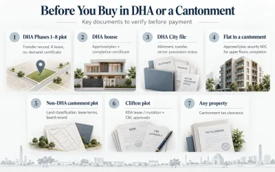 Property buying checklist infographic for DHA Karachi and cantonment areas showing required documents for DHA plots, houses, DHA City files, cantonment flats and Clifton properties.