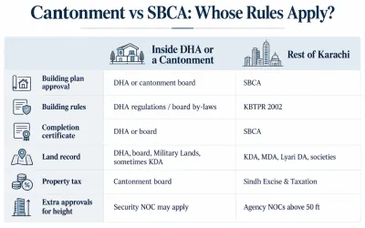 Infographic comparing DHA and cantonment board regulations with SBCA rules in Karachi, including building plan approvals, completion certificates, land records, property taxes and height restrictions.