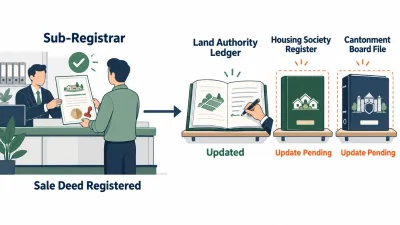 Illustration of a stamped sale deed at the registrar’s counter, with an arrow pointing to ledger books where the new owner’s name still needs to be recorded.