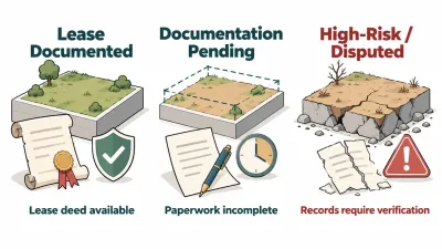 Illustration of three plots showing a secure leased plot, a pending lease-able plot and a risky unleased plot on cracked ground.