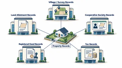 Illustration of a plot surrounded by five separate offices, each holding a different record: revenue map, scheme file, society card, registered deed and tax receipt.