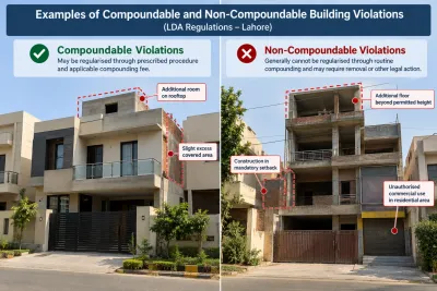 Comparison of compoundable and non-compoundable LDA building violations in Lahore, including excess covered area, additional floors and setback encroachments.