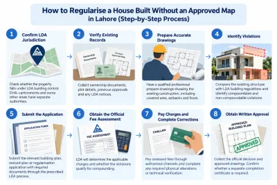 Eight-step process to regularise a house built without an approved LDA map in Lahore, from jurisdiction verification to written approval.