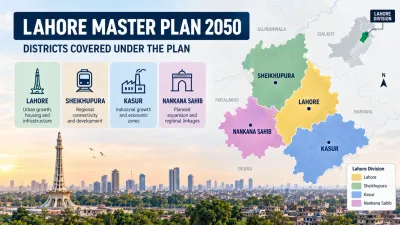 Lahore Master Plan 2050 regional coverage infographic showing Lahore, Sheikhupura, Kasur and Nankana Sahib districts.