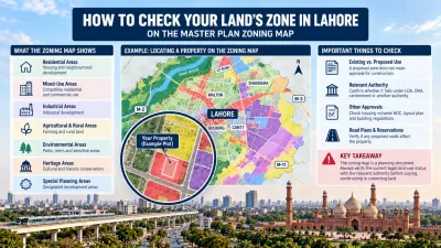 Illustrative Lahore zoning map showing residential, commercial, industrial, agricultural and environmental land-use categories alongside important property verification checks.