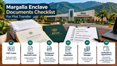 Margalla Enclave plot transfer document checklist showing CNIC copies, original allotment letter, No Demand Certificate, transfer application, payment receipts, and verification appointment.
