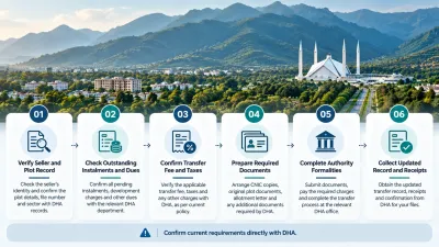 Margalla Enclave plot transfer procedure infographic showing six steps, from seller and plot verification to dues clearance, fee confirmation, document preparation, DHA formalities, and collection of updated records.