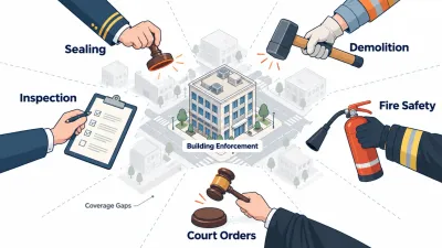 Illustration of a building with five different enforcement tools reaching toward it from separate directions, leaving visible gaps between them.