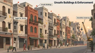 Illustration of a street of cracked old buildings with warning signs, where only one or two have a demolition crane nearby.