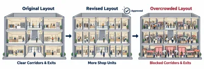 Three-stage illustration of a shopping plaza that grows more crowded with extra shops, ending with blocked exits.