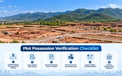 Margalla Enclave Islamabad plot possession verification checklist showing six steps, including confirming plot and street details, verifying official DHA status, checking possession documents, reviewing outstanding dues, inspecting roads and utilities, and confirming building plan approval.