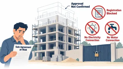 Illustration of an unapproved building with a locked gate, a blocked deed document and a worried buyer holding a fading agreement.