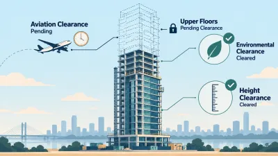Illustration of a high-rise tower with approved lower floors and locked upper floors, surrounded by clearance icons for aviation, environment and height.