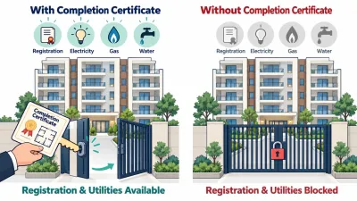 Side-by-side illustration of a building gate unlocked by an approval certificate, with deed, electricity, gas and water available, versus a locked gate with those services greyed out.