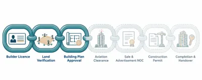Illustration of a seven-link chain showing the approval stages from builder licence to completion plan, with the later links faded as not yet reached.