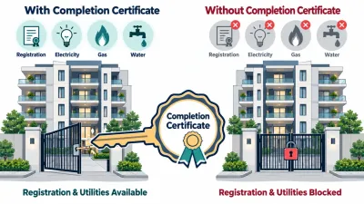 Illustration of an apartment building where a certificate unlocks the gate for deed registration and utilities, contrasted with a padlocked gate and greyed-out services.