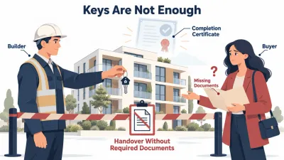 Illustration of a builder handing keys to a buyer while the approval certificate remains out of reach behind a caution barrier.