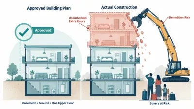 Illustration comparing an approved low-rise blueprint with a taller built version whose extra floors are marked for demolition, with a worried family below.
