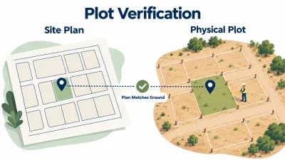 Illustration matching a plot highlighted on a paper site plan with the same plot on real land, with a surveyor measuring the boundary.