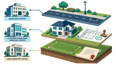 Illustration of a plot split into land, building and surroundings layers, with three separate offices each linked to a single layer.