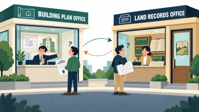 Illustration of two buyers at the wrong offices, one with a lease at a building approvals counter and one with a blueprint at a land records counter.
