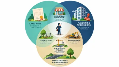 Illustration of three overlapping circles for land, building and city services, with icons in the overlaps for commercial conversion, parks, encroachment and public land projects.