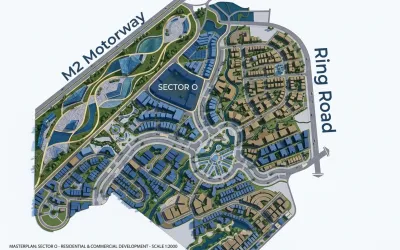 Faisal Town Phase 2 Sector O master plan layout map showing M2 Motorway and Ring Road access.