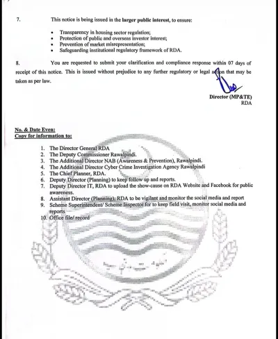 RDA Notice to Rawalpindi