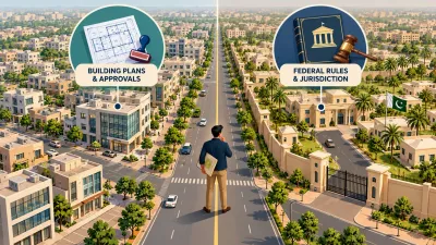 Aerial illustration of a street divided into two zones, one with city-style buildings and one with a walled compound, with a buyer standing on the boundary.