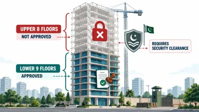 Illustration of a 17-storey tower with nine approved lower floors and eight faded upper floors blocked by a padlock and a security shield.