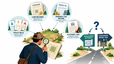 Illustration of a buyer with a magnifying glass examining clues such as land records, tax and utility bills to decide which jurisdiction a plot belongs to.