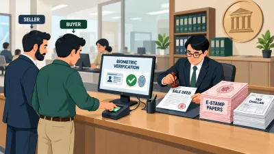 Illustration of a registration counter where a buyer places a finger on a scanner while an officer stamps a sale deed beside e-stamp papers and tax receipts.