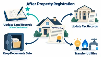 Illustration of a house with a registered deed and four arrows leading to a land ledger, a tax office, utility accounts and a document safe.