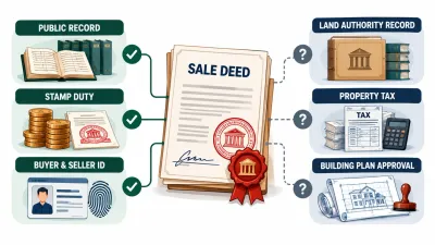 Illustration of a stamped sale deed linked by solid lines to a public record, duty payment and identity check, and by dashed lines to a land ledger, tax receipt and building plan.