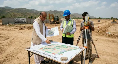 Engineers reviewing RDA approved layout plan and land survey at Faisal Town Phase 2 development site.