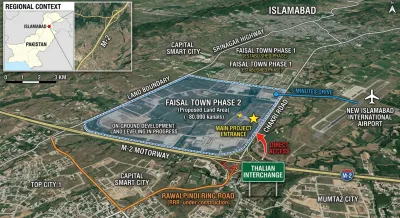 Faisal Town Phase 2 location map showing proximity to Thalian Interchange M-2 Motorway and Islamabad Airport.