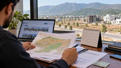 Real estate buyer reviewing plot maps and property documents at an office desk with a laptop, representing Margalla Enclave Islamabad ballot planning and property verification.