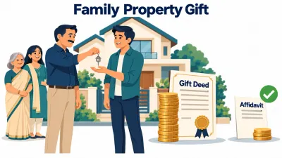 Illustration of a father giving house keys to his son beside two document options, a gift deed with a tall coin stack and an affidavit with a short one.