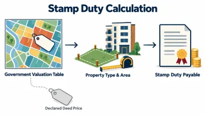 Illustration of a valuation table map leading to a plot and flat and then to a stamped deed with coins, with the deed price shown separately as not used.