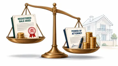 Illustration of a balance scale where a power of attorney with a taller coin stack outweighs a registered sale deed with a smaller stack.
