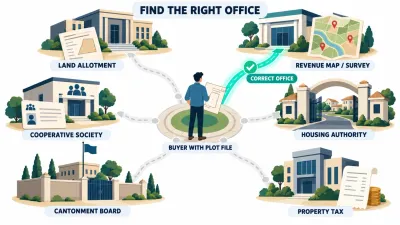 Illustration of a buyer at the center of six paths leading to different record offices, with one path highlighted as the correct one.