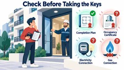 Illustration of a buyer pausing at a new apartment building with a wallet and checklist while a builder offers keys, beside floating completion, occupancy and utility icons.
