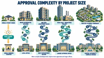 Illustration of five buildings of increasing size, from a small house to a large township, with only the smallest linked to a fast single-window counter.