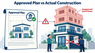Illustration comparing an approved low-rise blueprint with a taller built version sealed by an official, while a worried owner looks on.