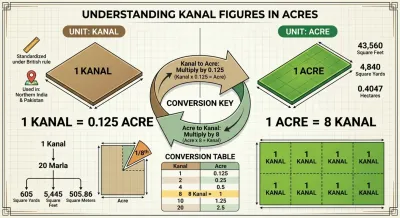 Infographic explaining land measurement conversion between Kanal and Acre, showing 1 Kanal equals 0.125 Acre and 1 Acre equals 8 Kanal.