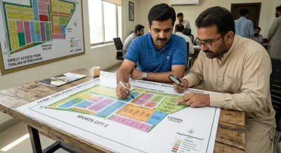 Two men analyzing plot sizes and layout on the Faisal Town Phase 2 master plan map using a magnifying glass.