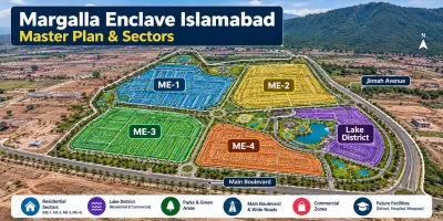 Margalla Enclave Islamabad master plan showing ME-1, ME-2, ME-3, ME-4 and Lake District.