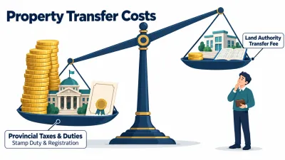 Illustration of a balance scale tilted by a tall coin stack for provincial stamp duty against a tiny stack for the land authority’s fee.
