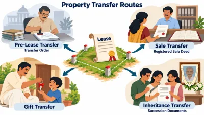 Illustration of a plot with four arrows leading to scenes of a KDA transfer order, a registered sale deed, a family gift and an inheritance.
